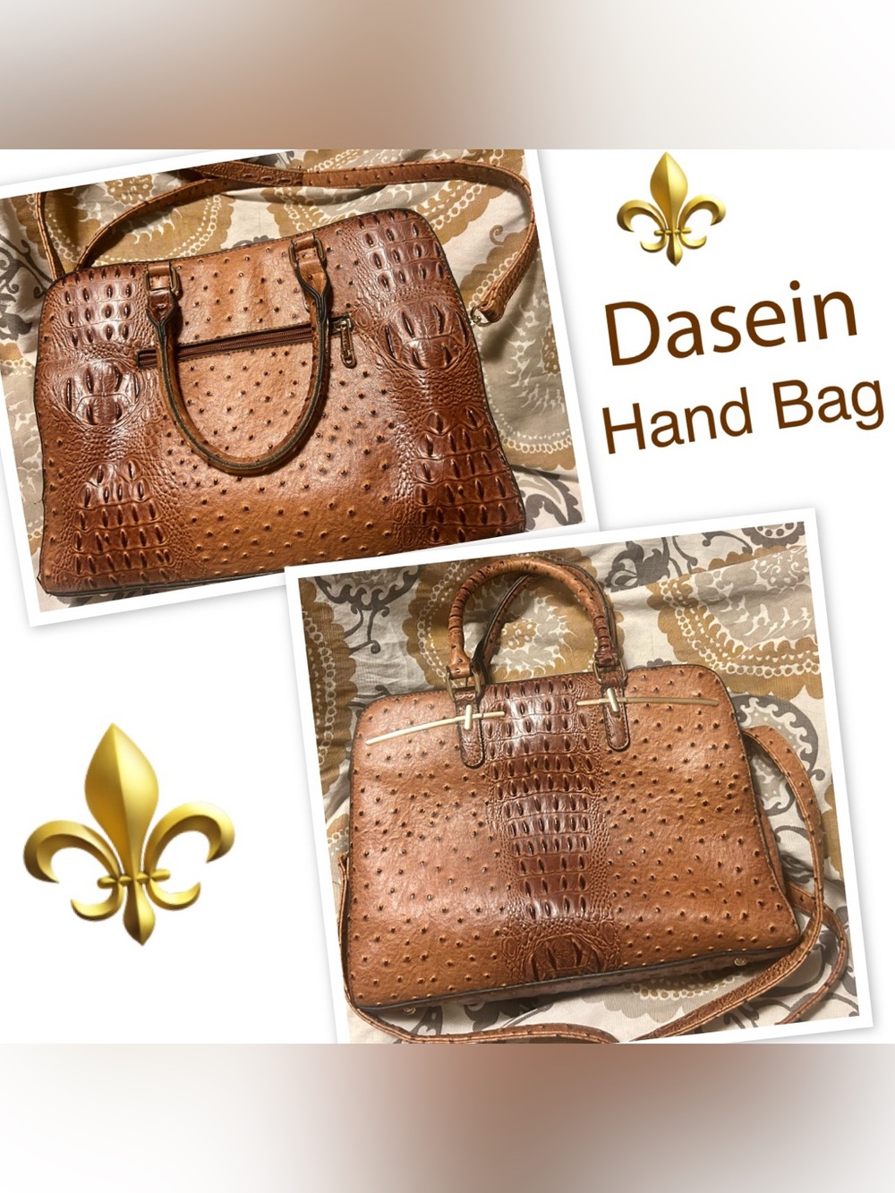 Brown Faux Ostrich & Croc Satchel Handbag w/cosmetic bag plus full size wallet.